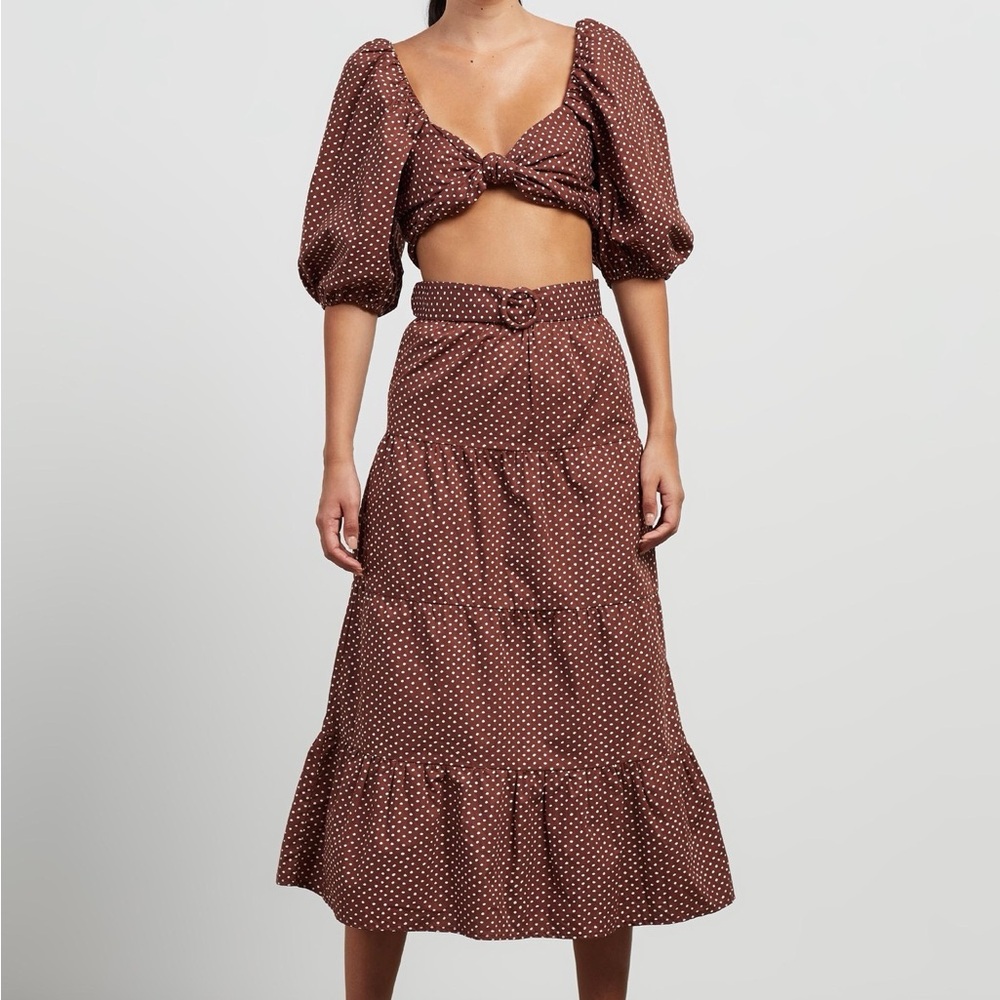 FAITHFUL THE BRAND Polka Dot Tiered Midi Skirt & matching top - Brown